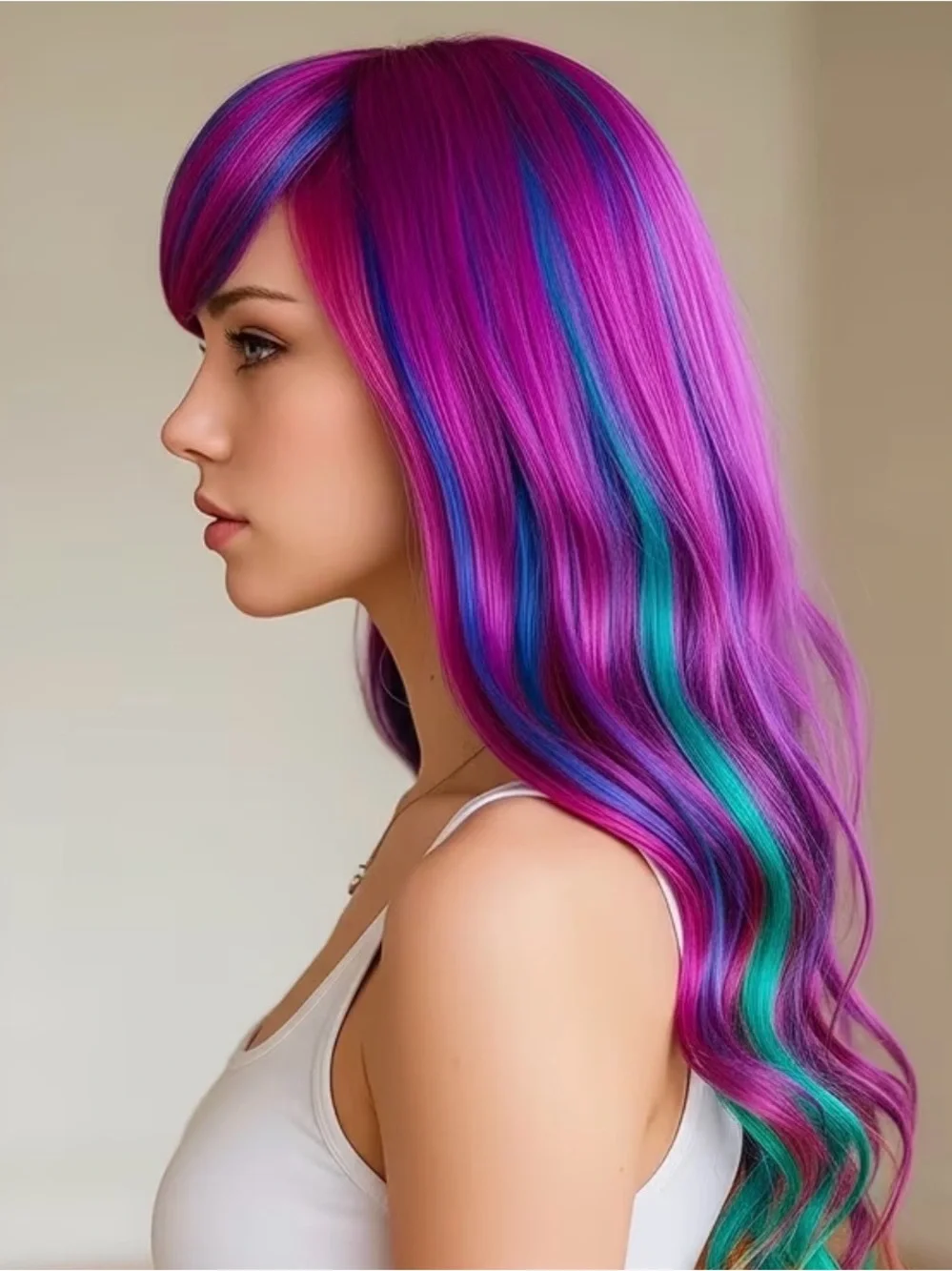 Vibrant Multi-Color Long Women’s Wig - Fuchsia, Blue & Teal